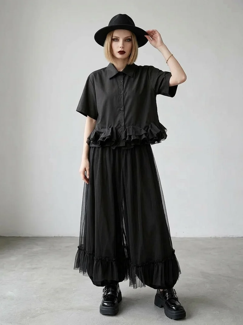 Minimalist Goth Wide-Leg Tulle Overlay Trousers – Casual Minimal Statement Pants