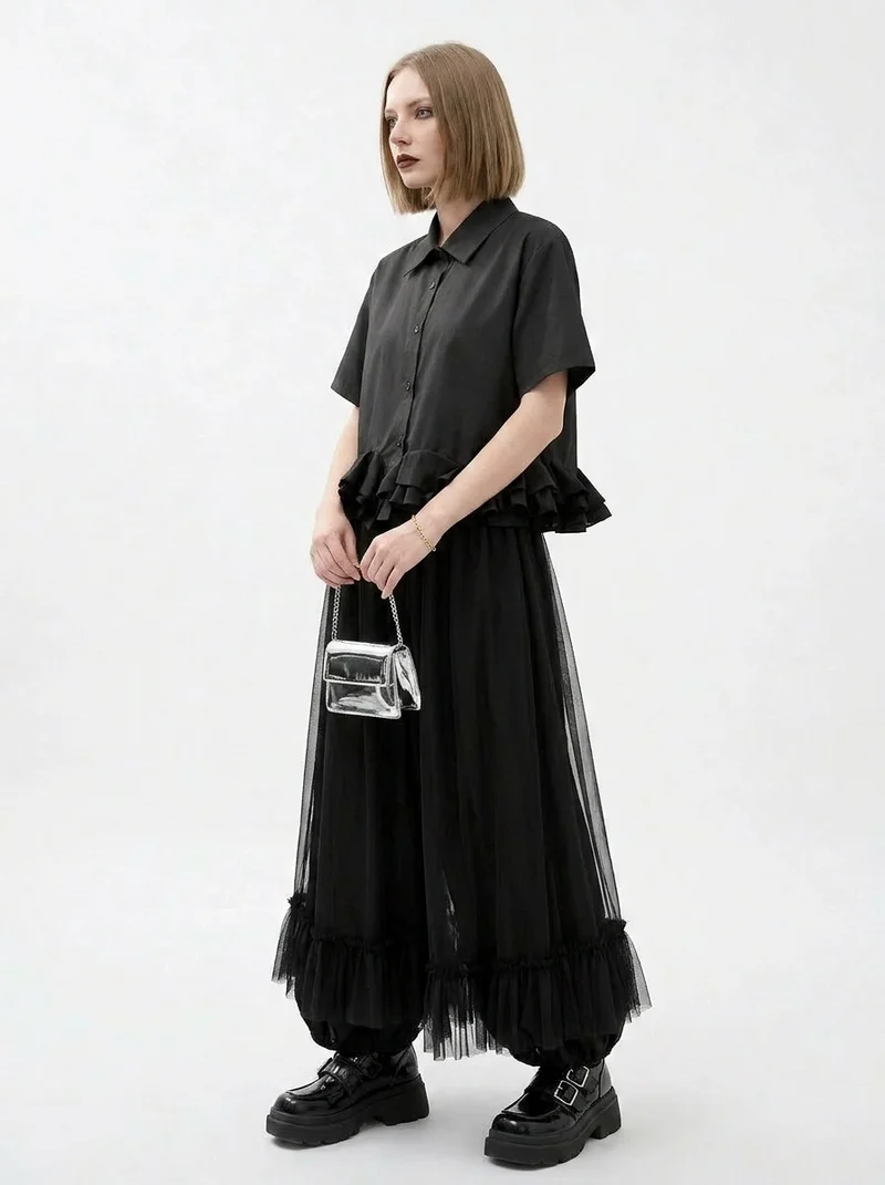 Minimalist Goth Wide-Leg Tulle Overlay Trousers – Casual Minimal Statement Pants