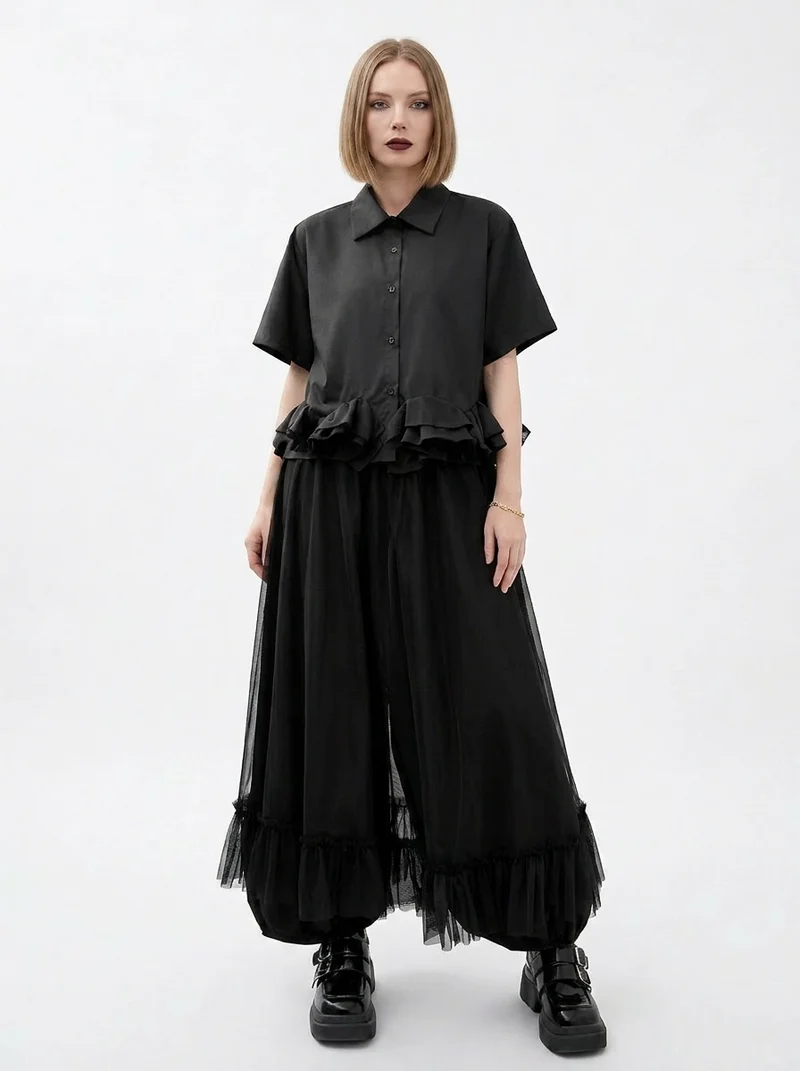 Minimalist Goth Wide-Leg Tulle Overlay Trousers – Casual Minimal Statement Pants