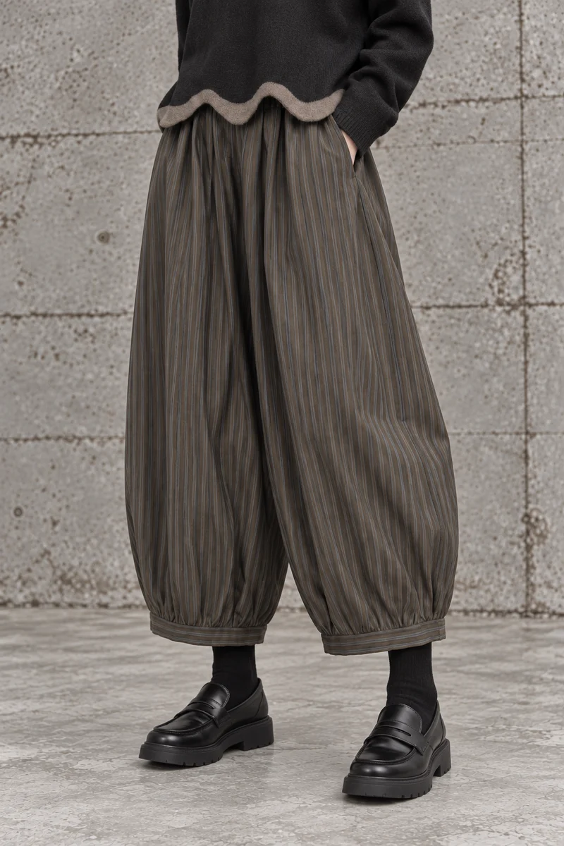 Olive Pinstripe Balloon Trousers | Relaxed Wide Leg