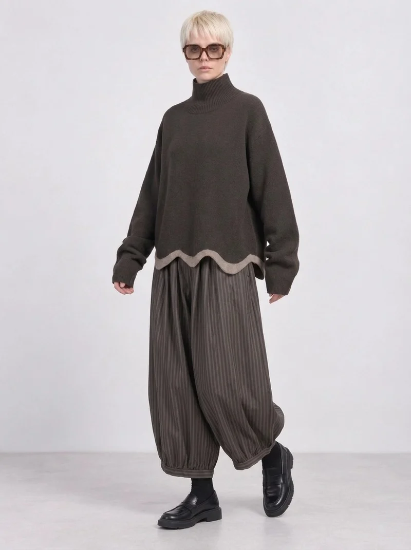 Olive Pinstripe Balloon Trousers | Relaxed Wide Leg