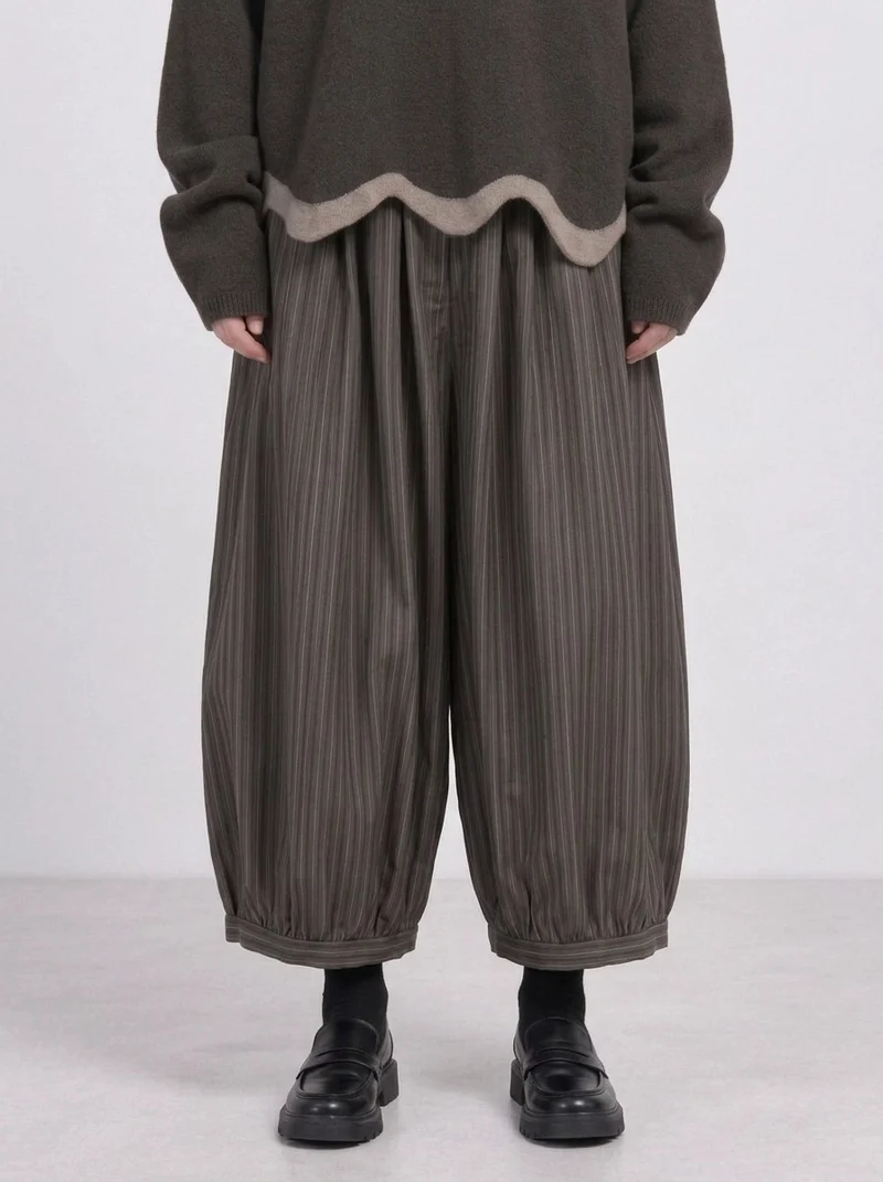 Olive Pinstripe Balloon Trousers | Relaxed Wide Leg