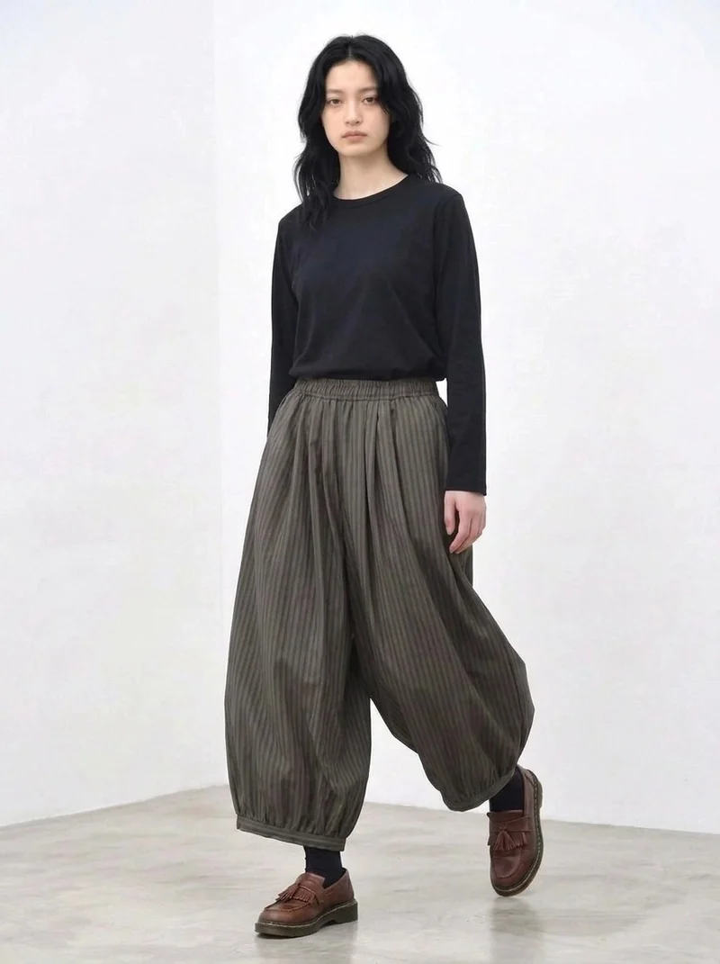 Olive Pinstripe Balloon Trousers | Relaxed Wide Leg