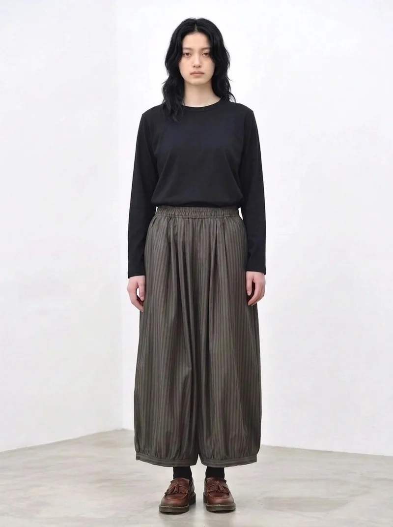 Olive Pinstripe Balloon Trousers | Relaxed Wide Leg