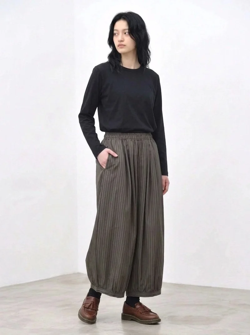 Olive Pinstripe Balloon Trousers | Relaxed Wide Leg