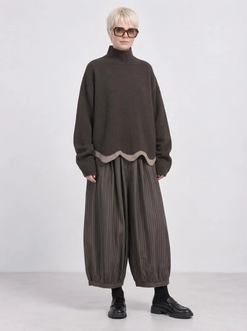 Olive Pinstripe Balloon Trousers | Relaxed Wide Leg