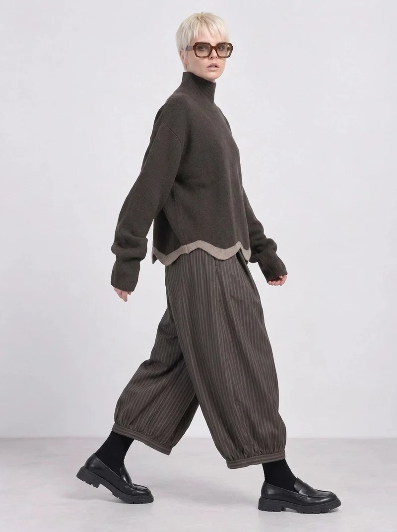 Olive Pinstripe Balloon Trousers | Relaxed Wide Leg
