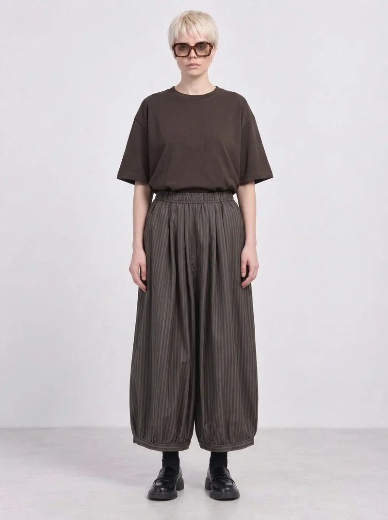 Olive Pinstripe Balloon Trousers | Relaxed Wide Leg