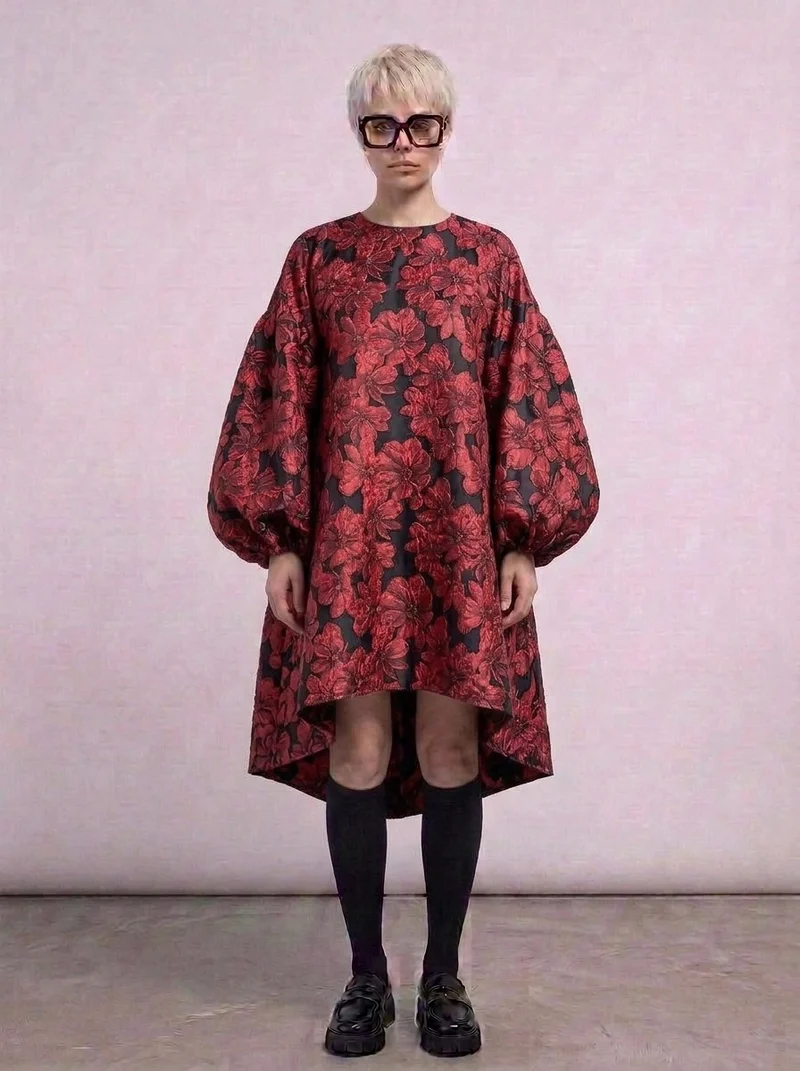 Red Floral Lantern Sleeve Asymmetrical Winter Dress – High-Low Pullover Style