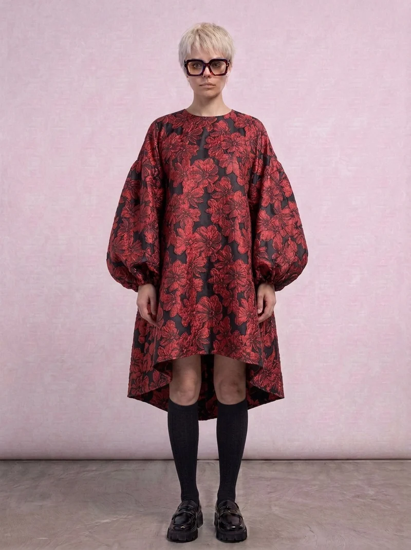 Red Floral Lantern Sleeve Asymmetrical Winter Dress – High-Low Pullover Style