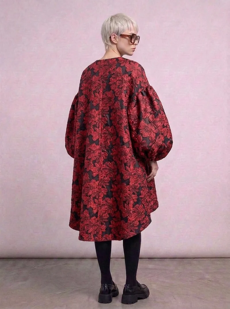 Red Floral Lantern Sleeve Asymmetrical Winter Dress – High-Low Pullover Style