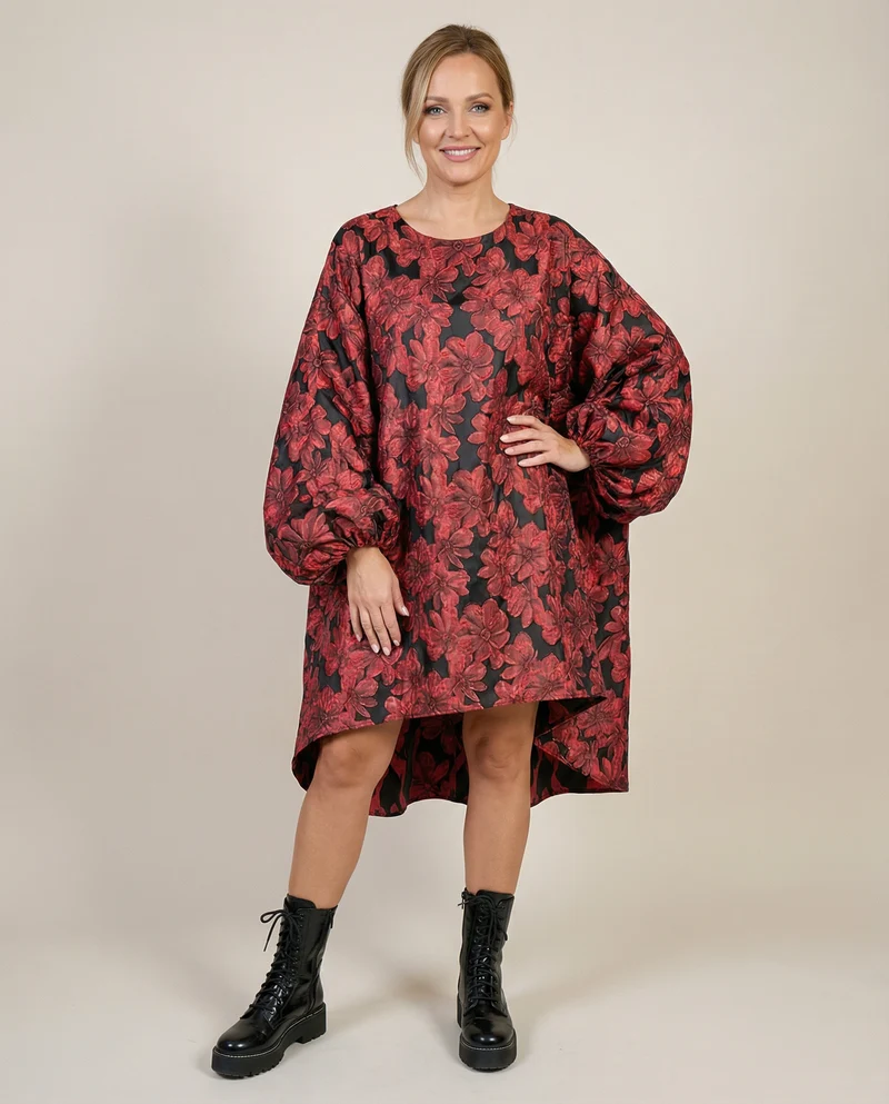 Red Floral Lantern Sleeve Asymmetrical Winter Dress – High-Low Pullover Style