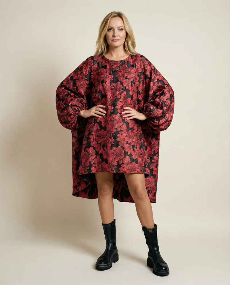 Red Floral Lantern Sleeve Asymmetrical Winter Dress – High-Low Pullover Style