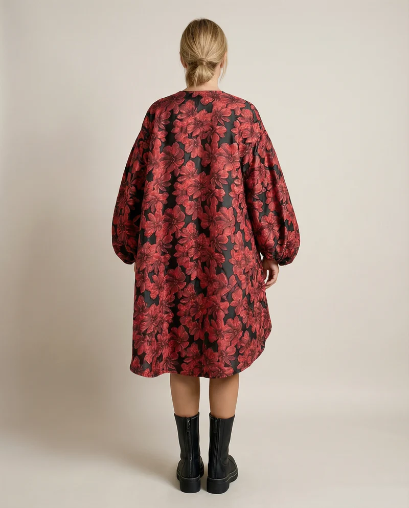 Red Floral Lantern Sleeve Asymmetrical Winter Dress – High-Low Pullover Style