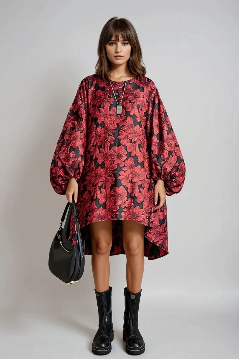 Red Floral Lantern Sleeve Asymmetrical Winter Dress – High-Low Pullover Style