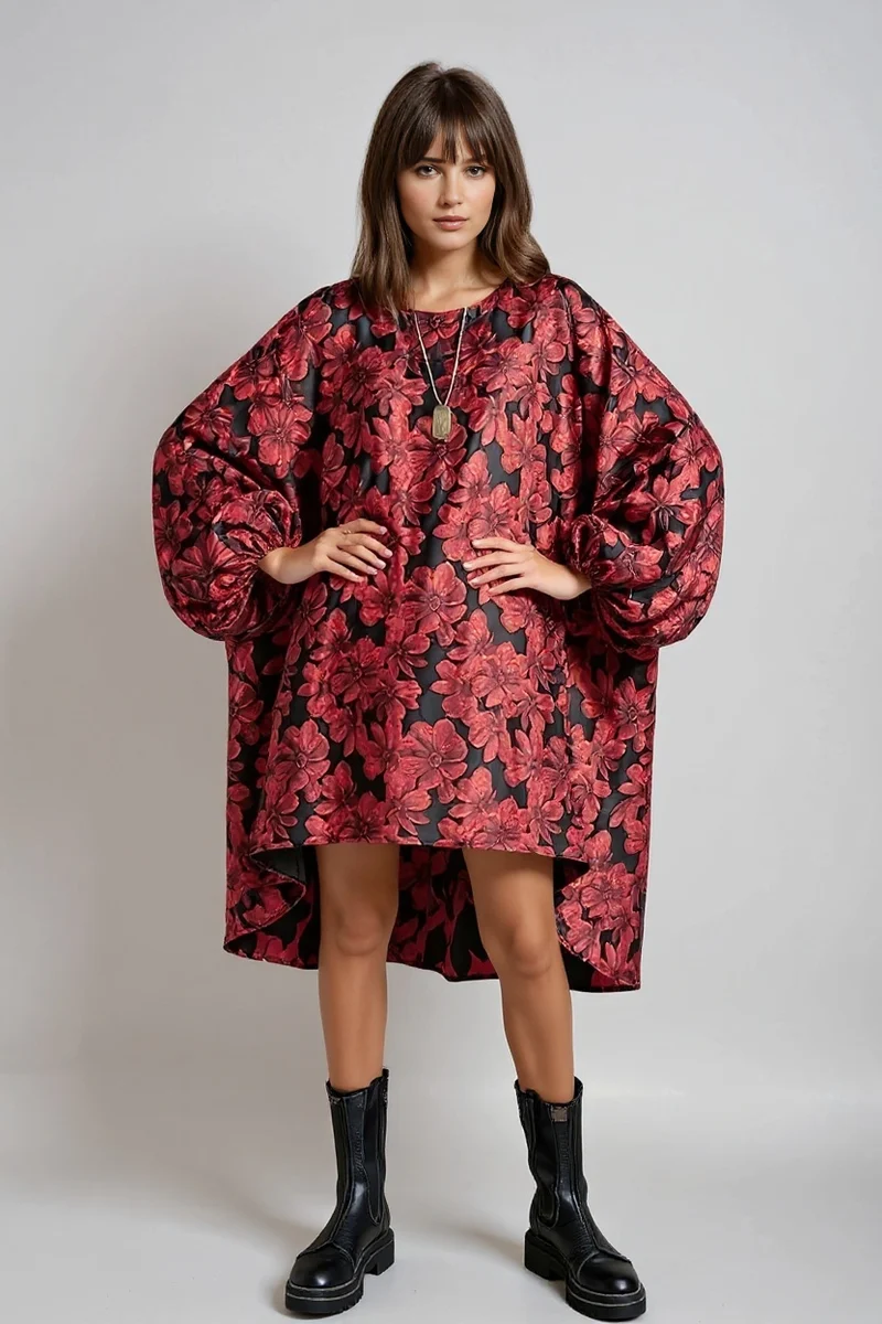 Red Floral Lantern Sleeve Asymmetrical Winter Dress – High-Low Pullover Style