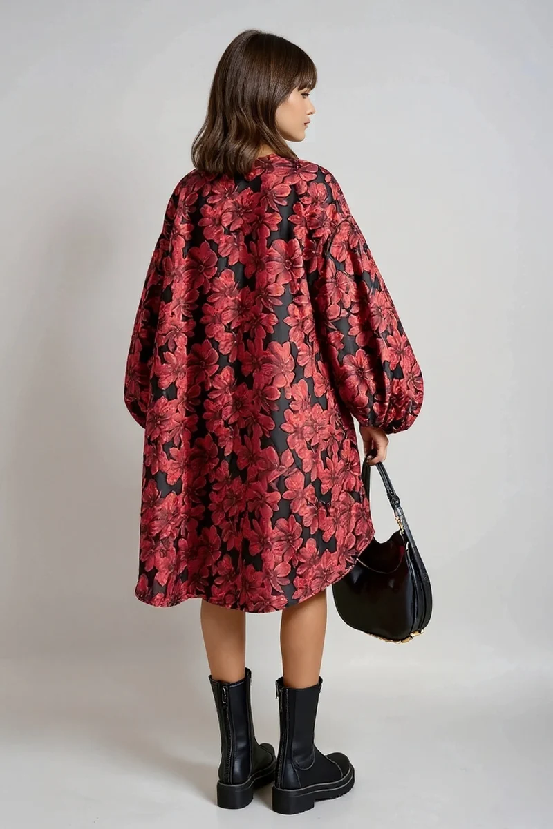 Red Floral Lantern Sleeve Asymmetrical Winter Dress – High-Low Pullover Style