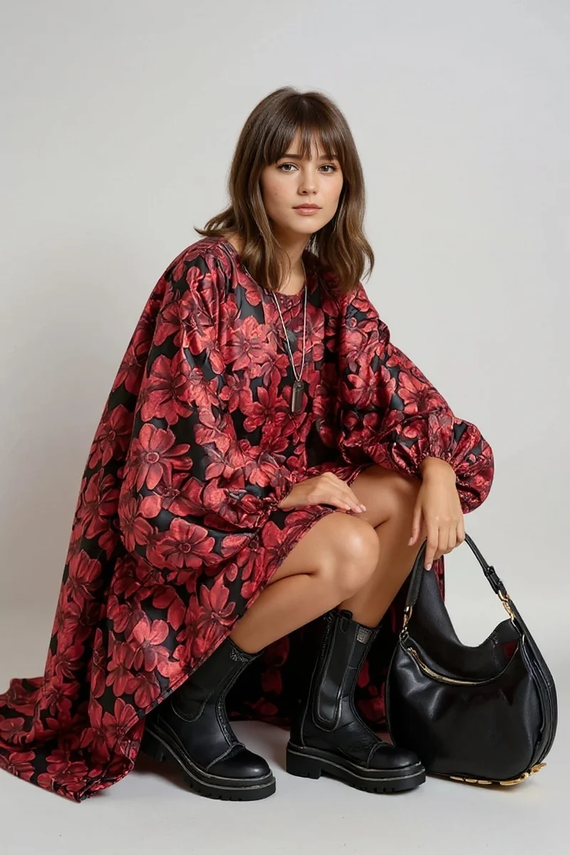 Red Floral Lantern Sleeve Asymmetrical Winter Dress – High-Low Pullover Style