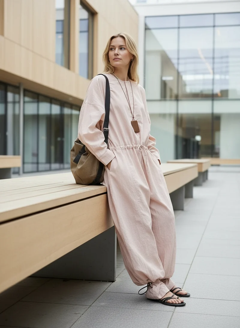 Industrial Wide-Leg Jumpsuit with Adjustable Waist — Blush Pink