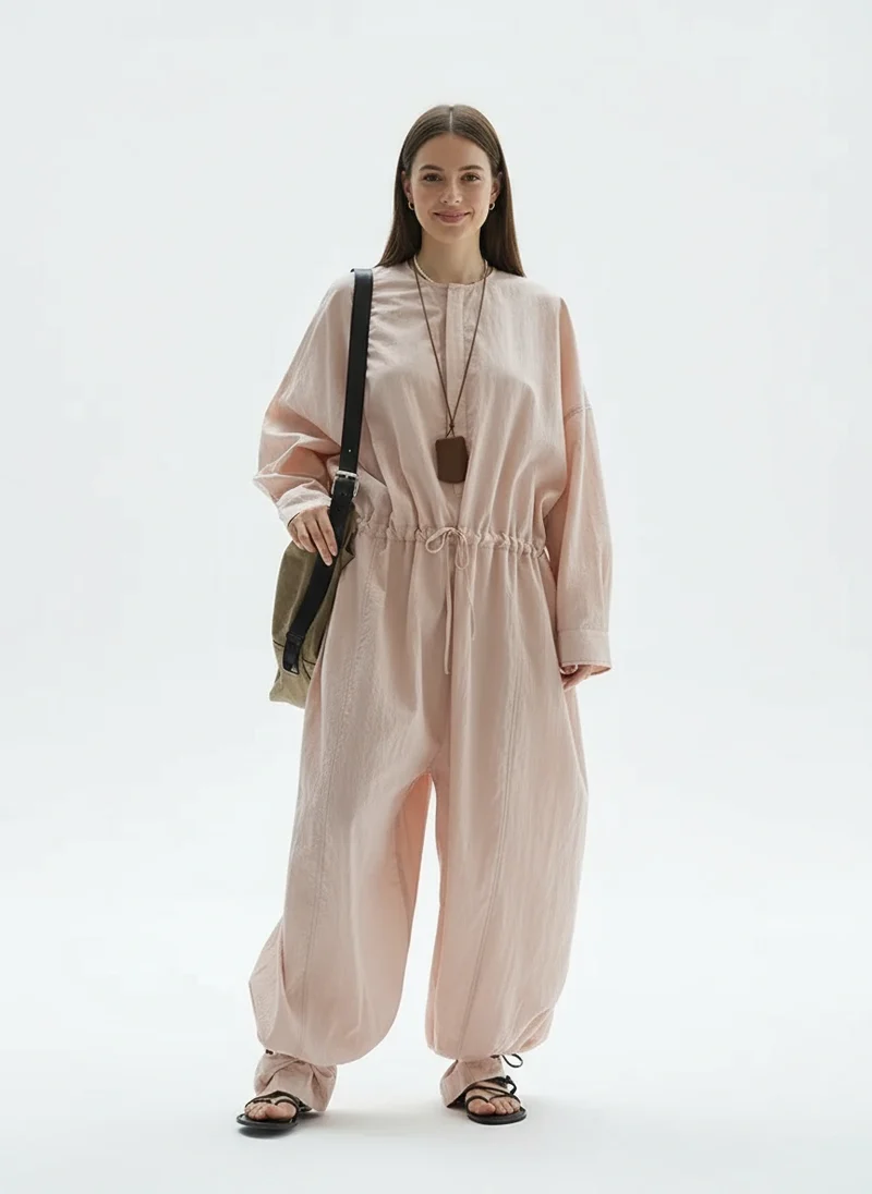 Industrial Wide-Leg Jumpsuit with Adjustable Waist — Blush Pink