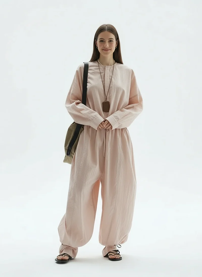 Industrial Wide-Leg Jumpsuit with Adjustable Waist — Blush Pink