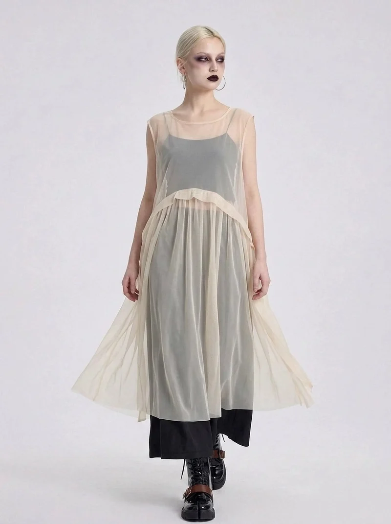 Sheer Layered Overlay Dress – Minimal Ethereal Goth Sleeveless Tulle Dress in Soft Ivory