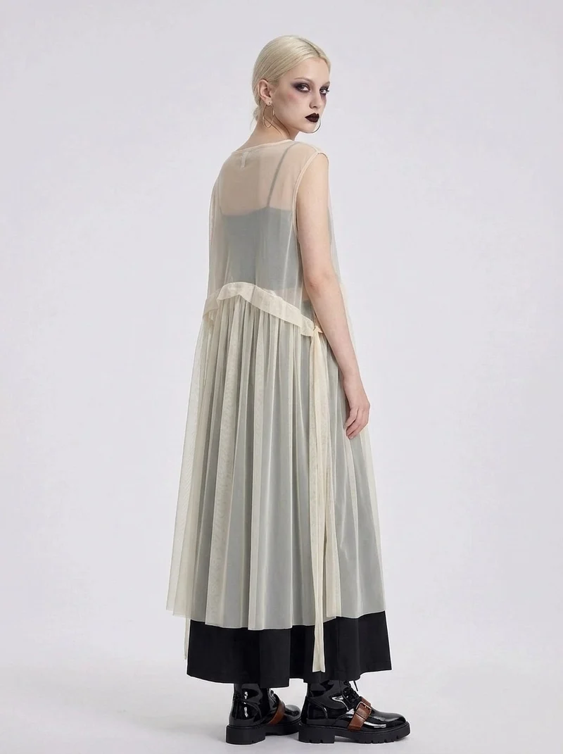 Sheer Layered Overlay Dress – Minimal Ethereal Goth Sleeveless Tulle Dress in Soft Ivory