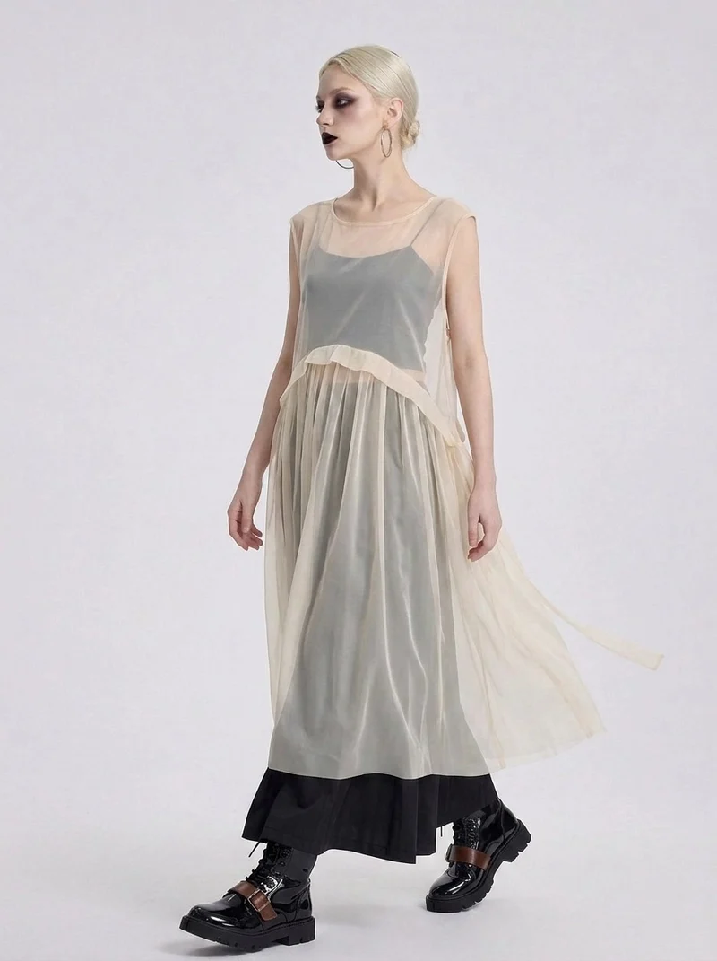 Sheer Layered Overlay Dress – Minimal Ethereal Goth Sleeveless Tulle Dress in Soft Ivory
