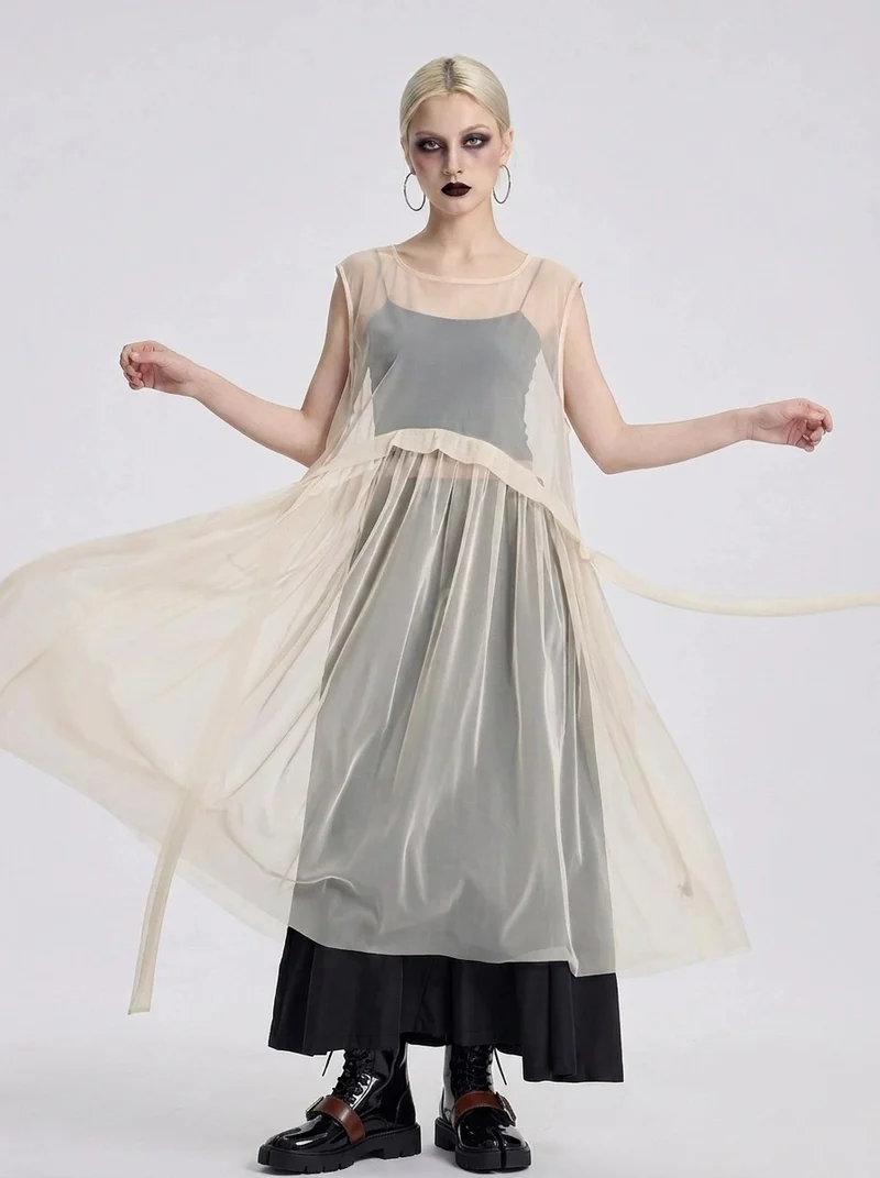 Sheer Layered Overlay Dress – Minimal Ethereal Goth Sleeveless Tulle Dress in Soft Ivory
