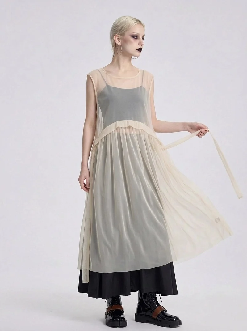 Sheer Layered Overlay Dress – Minimal Ethereal Goth Sleeveless Tulle Dress in Soft Ivory