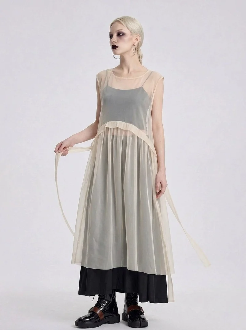 Sheer Layered Overlay Dress – Minimal Ethereal Goth Sleeveless Tulle Dress in Soft Ivory
