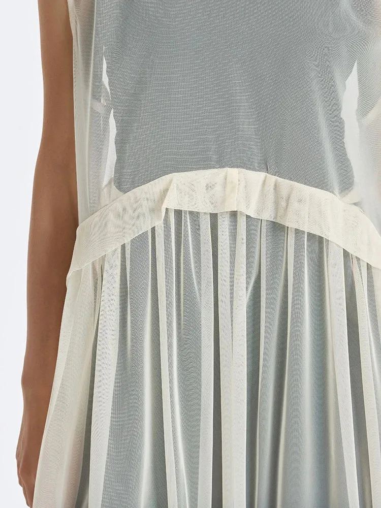 Sheer Layered Overlay Dress – Minimal Ethereal Goth Sleeveless Tulle Dress in Soft Ivory
