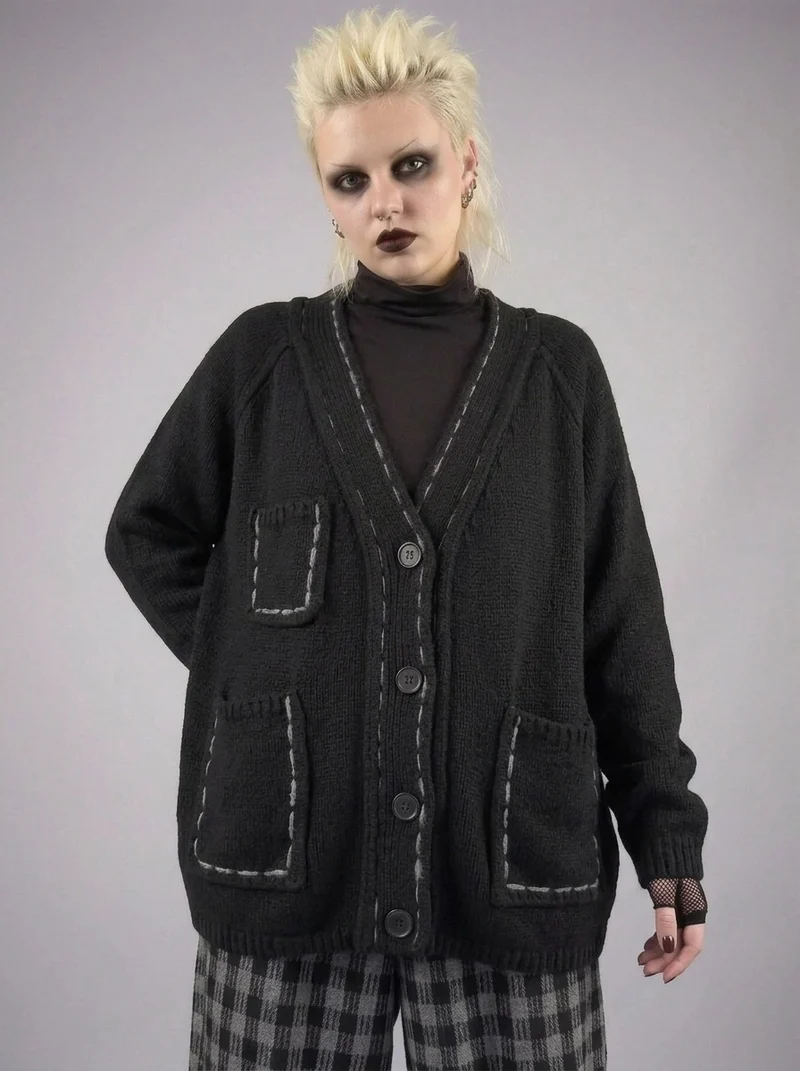 Hand-Stitched Minimal Goth Cardigan – Oversized Textured Knit in Black