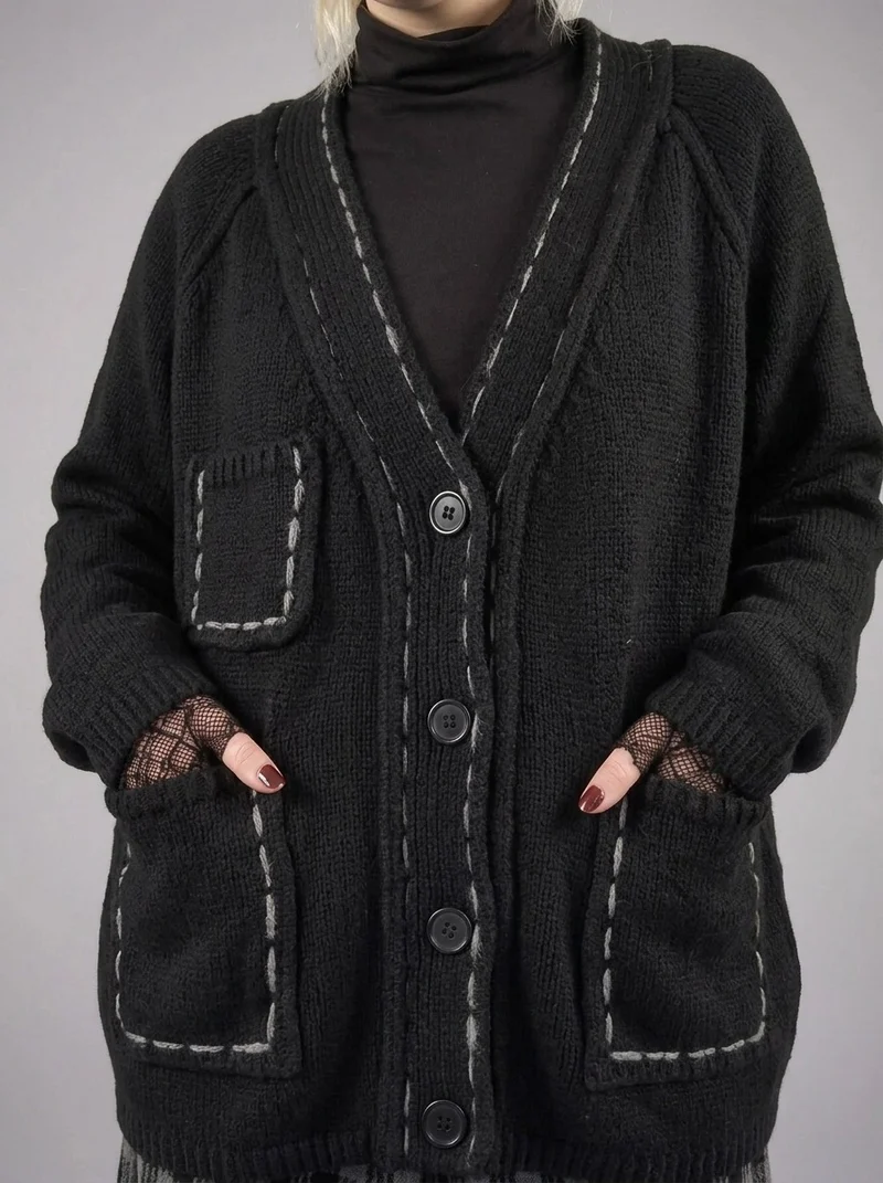 Hand-Stitched Minimal Goth Cardigan – Oversized Textured Knit in Black