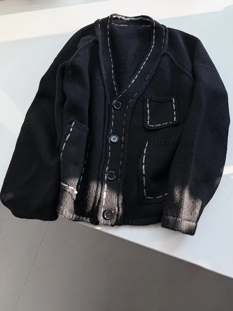 Hand-Stitched Minimal Goth Cardigan – Oversized Textured Knit in Black
