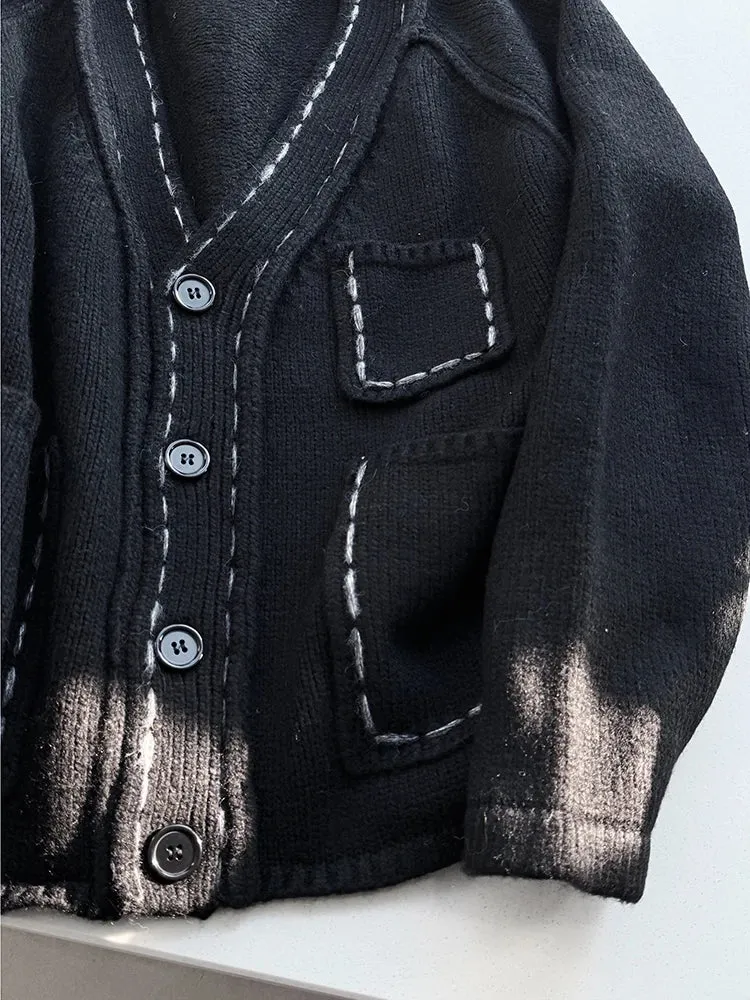 Hand-Stitched Minimal Goth Cardigan – Oversized Textured Knit in Black