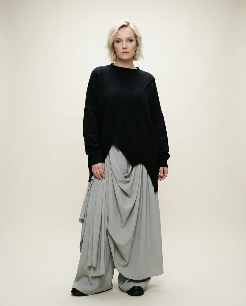 Draped Layered Wide-Leg Trousers – Soft Lightweight Fabric in Mist Grey & Black