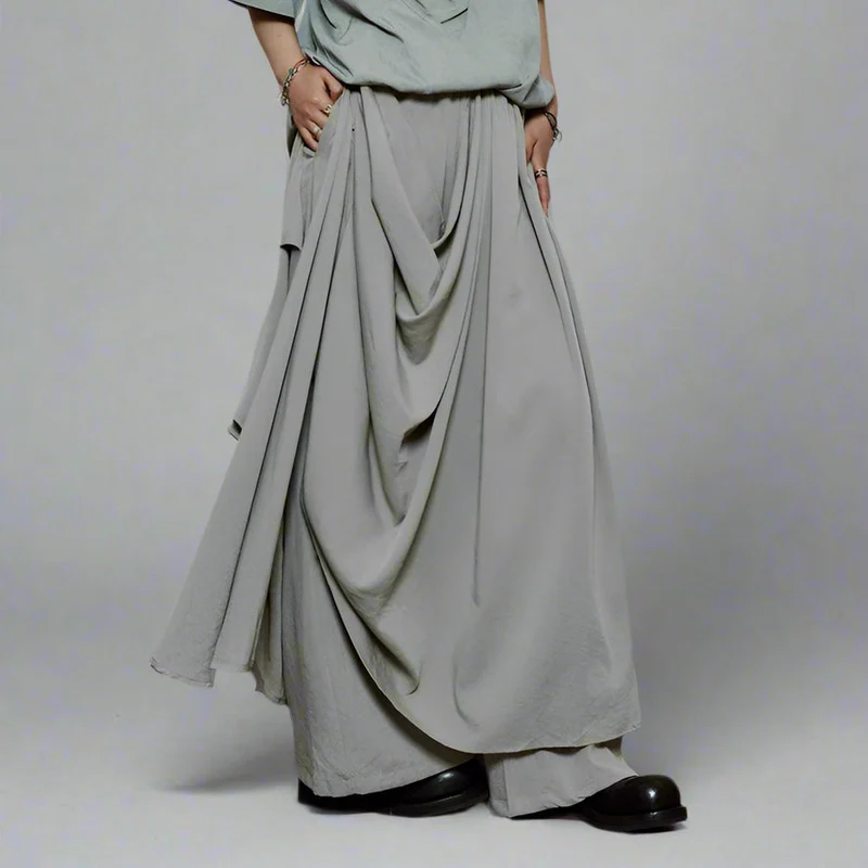 Draped Layered Wide-Leg Trousers – Soft Lightweight Fabric in Mist Grey & Black
