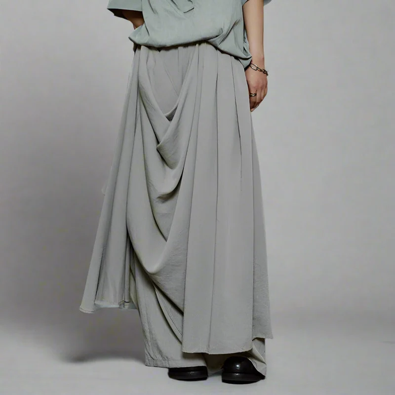Draped Layered Wide-Leg Trousers – Soft Lightweight Fabric in Mist Grey & Black
