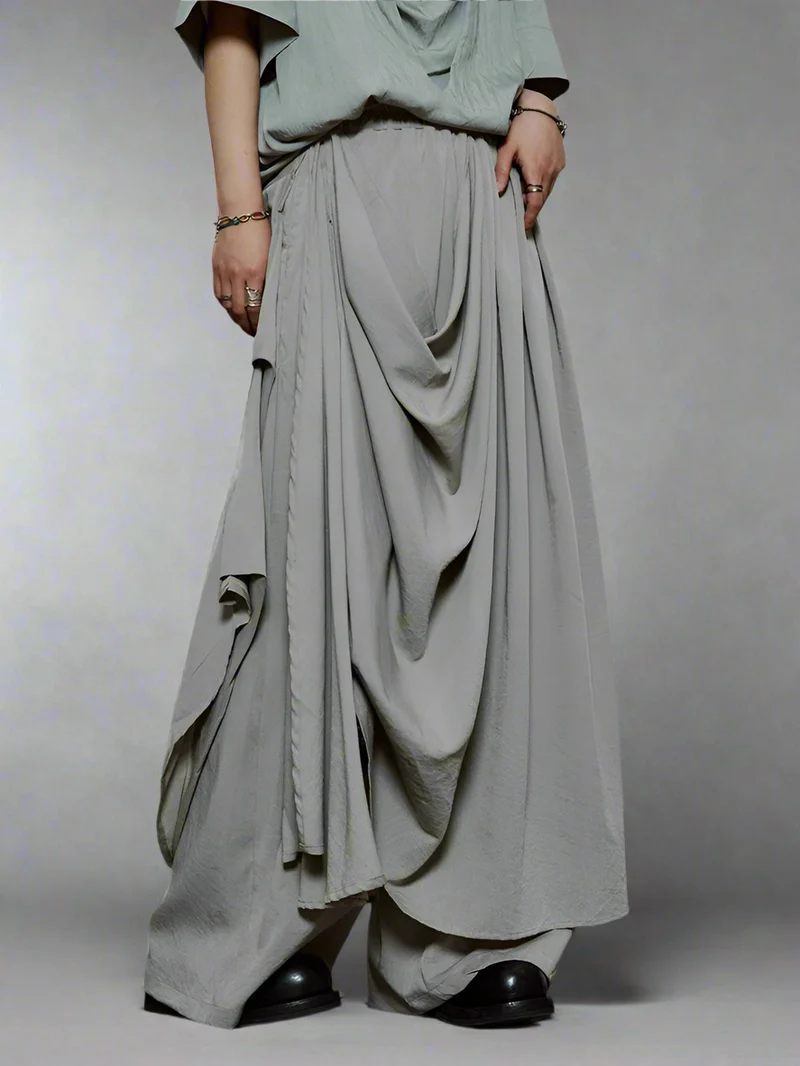 Draped Layered Wide-Leg Trousers – Soft Lightweight Fabric in Mist Grey & Black