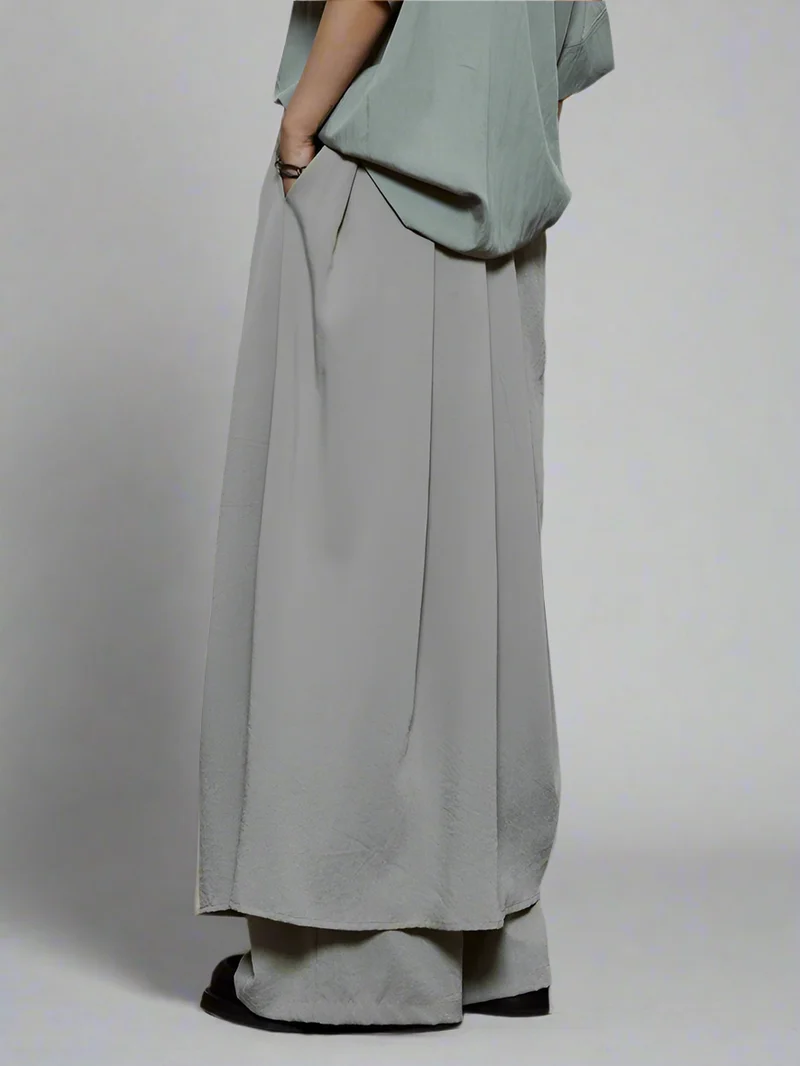 Draped Layered Wide-Leg Trousers – Soft Lightweight Fabric in Mist Grey & Black