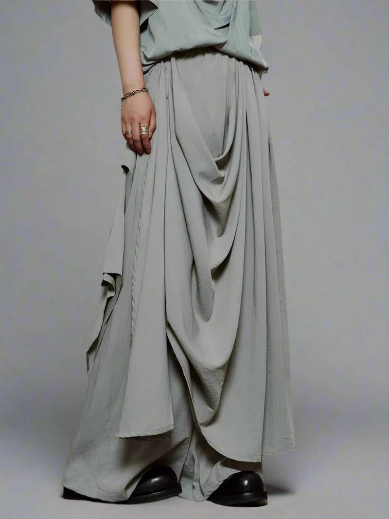 Draped Layered Wide-Leg Trousers – Soft Lightweight Fabric in Mist Grey & Black