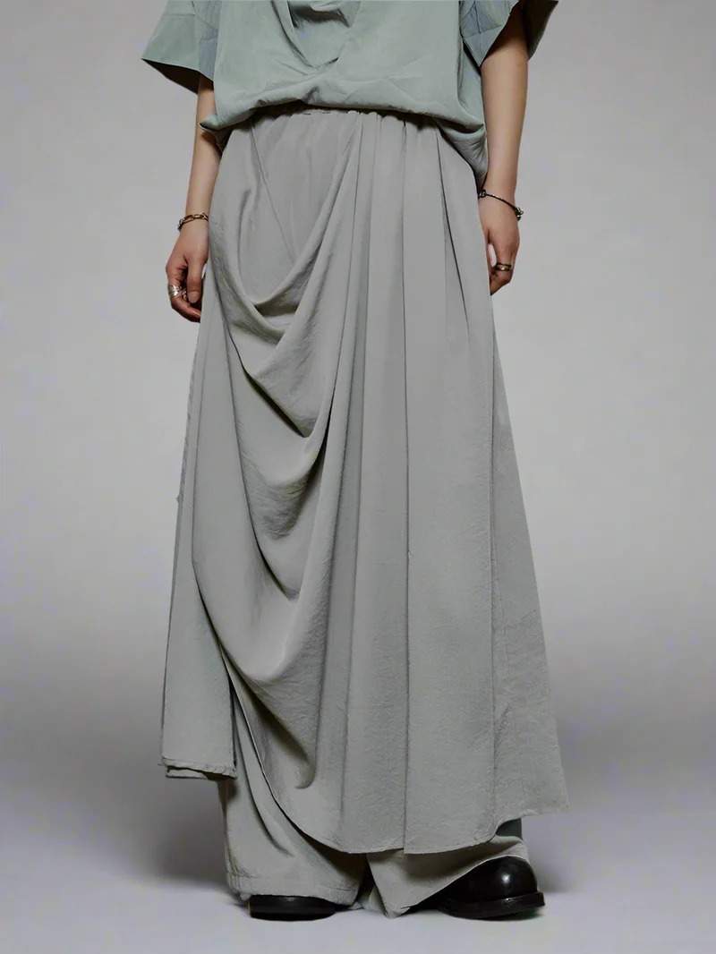 Draped Layered Wide-Leg Trousers – Soft Lightweight Fabric in Mist Grey & Black
