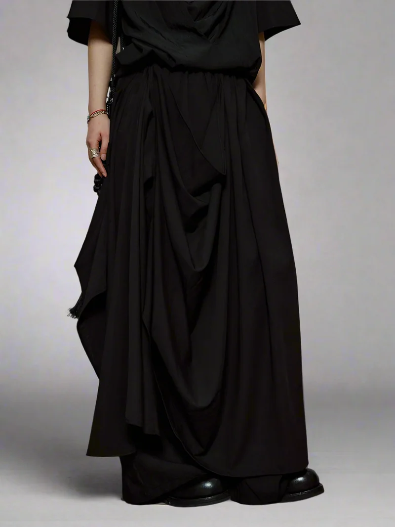 Draped Layered Wide-Leg Trousers – Soft Lightweight Fabric in Mist Grey & Black