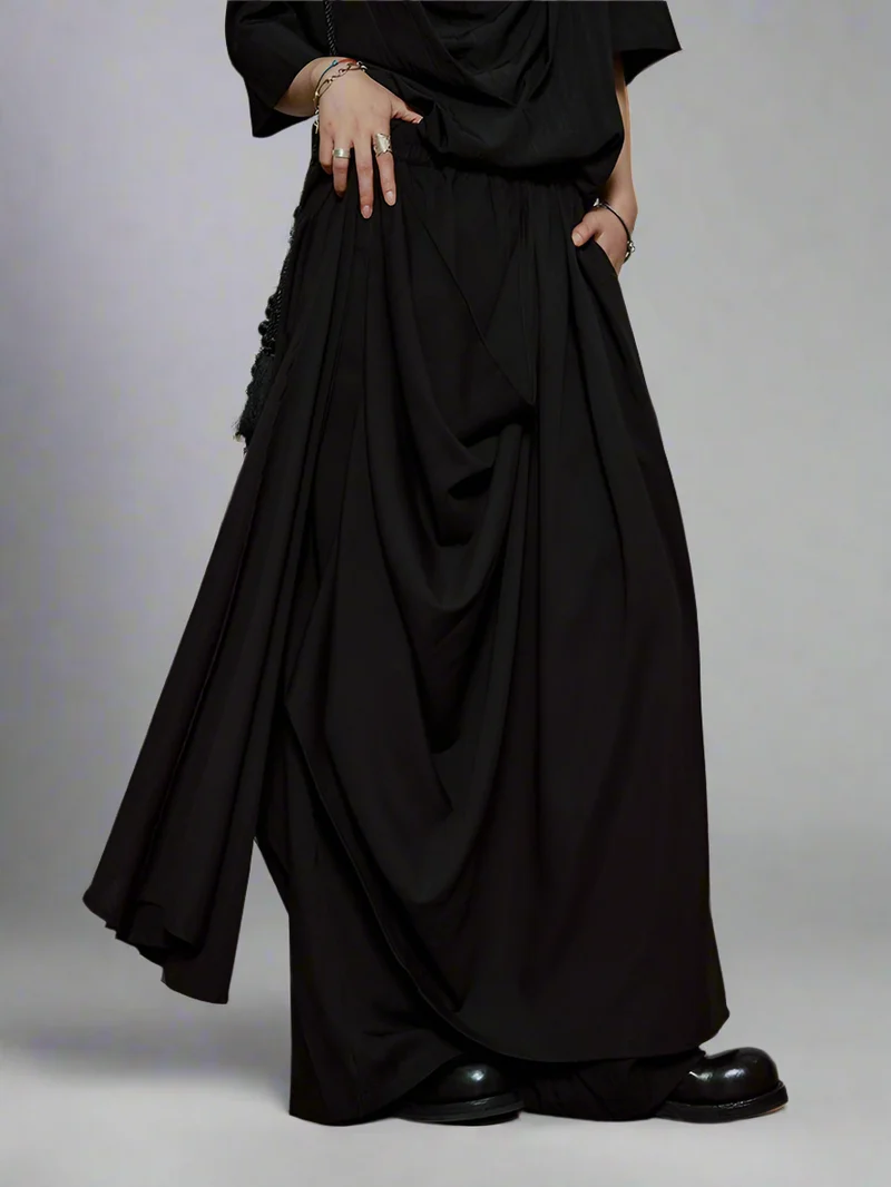 Draped Layered Wide-Leg Trousers – Soft Lightweight Fabric in Mist Grey & Black