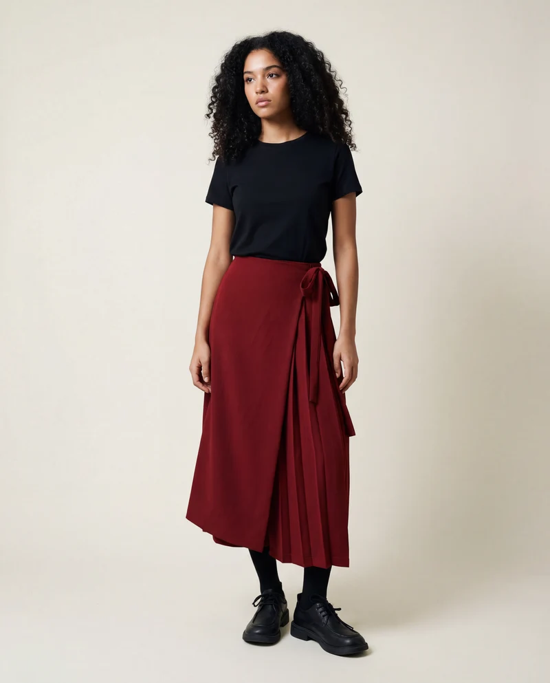 Asymmetrical Overlay Pleated Trousers – Red