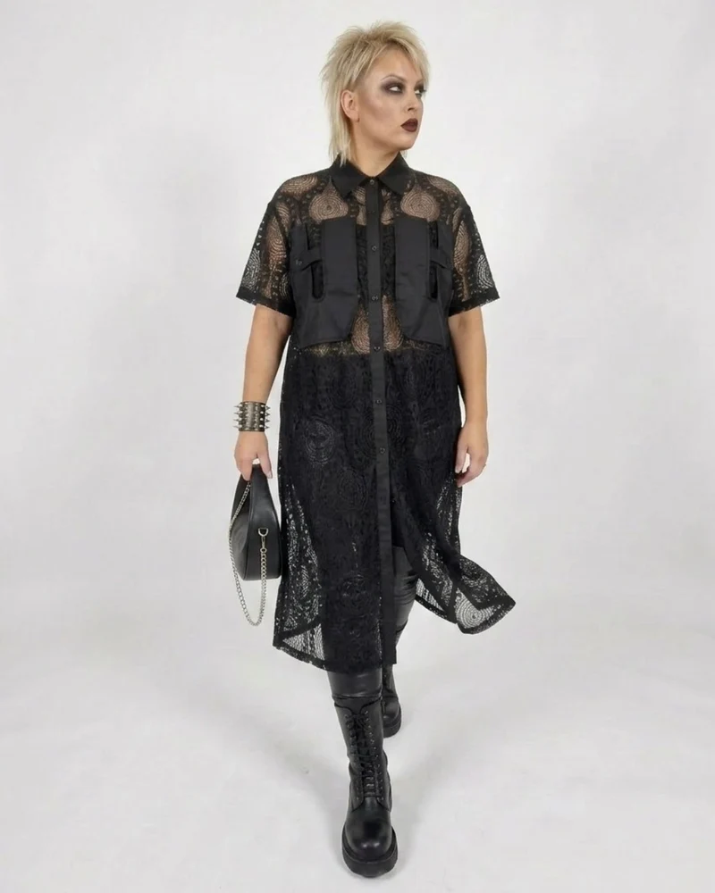 Gothic Style Black Lace See-Through Shirt Dress with Button Closure