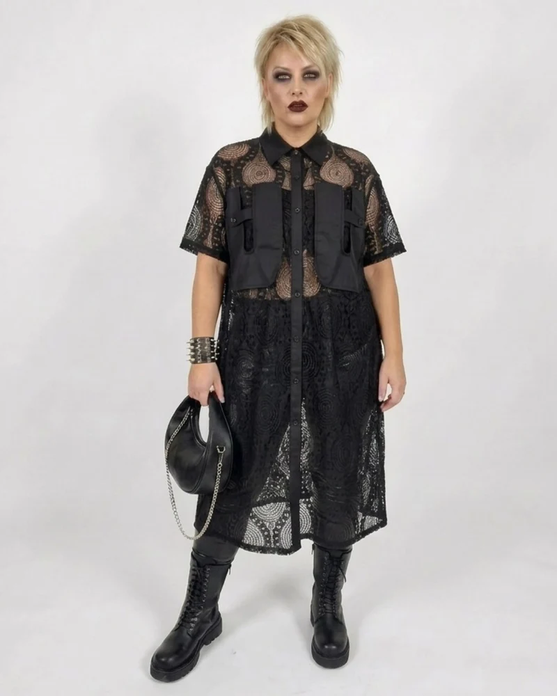 Gothic Style Black Lace See-Through Shirt Dress with Button Closure