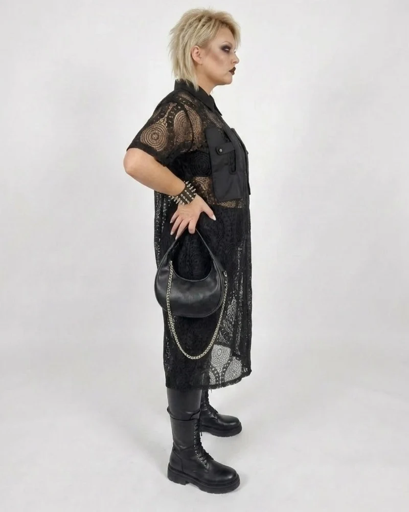 Gothic Style Black Lace See-Through Shirt Dress with Button Closure
