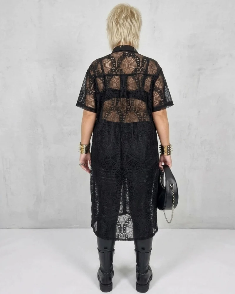 Gothic Style Black Lace See-Through Shirt Dress with Button Closure